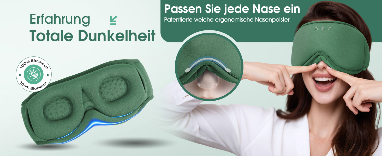 Маска для сну Dolida з Bluetooth навушниками, 3D бамбукова маска для очей для жінок та чоловіків, з мікрофоном, зелена