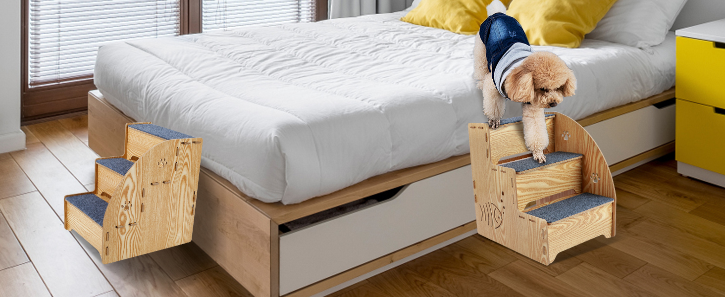 Сходинка для котів та собак з натурального дерева, 3 сходинки, 35 см, стабільна та неслизька