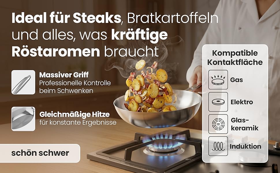 Сковорода нержавіюча сталь 24 см Edelstahlpfanne – для індукції, професійна, універсальна. Підходить для стейків та пасти, без покриття PFOA/PTFE/PFAS, жароміцна.