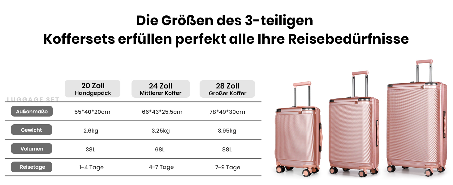 Набір валіз Tavoxda 3 шт. з TSA-замком, розкладний телескопічний ручка, великі валізи, набір для подорожей (1 шт, рожеве золото)