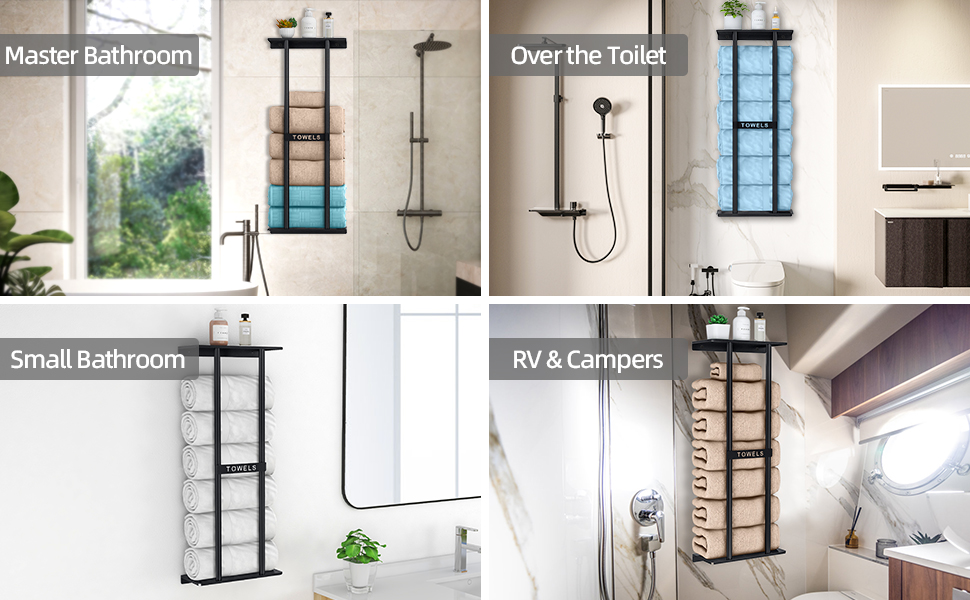 Тримач для рушників на стіну, чорний, 76 см, з полицею. Металевий тримач для рушників та гостей. Аксесуар для ванної кімнати.