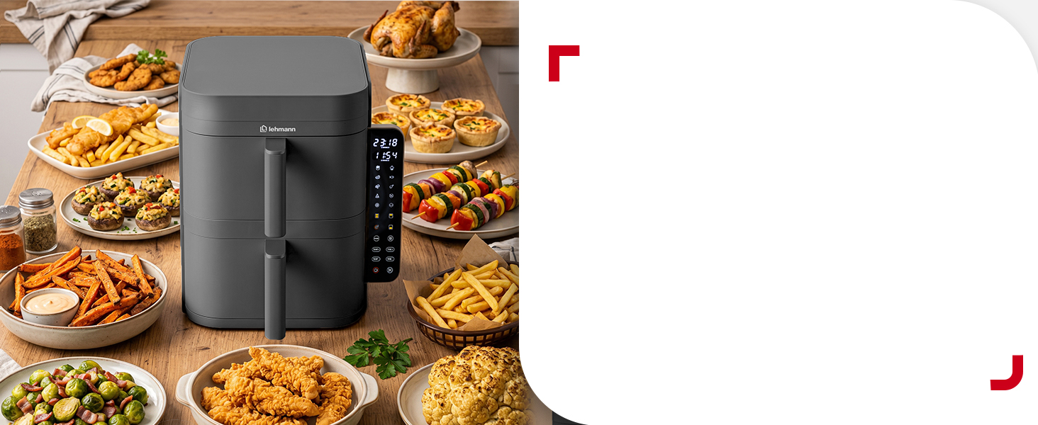 Аерофритюрниця з двома камерами LEHMANN XXL 12L, 2800 Вт, антипригарне покриття, 10 програм, без олії, сіра