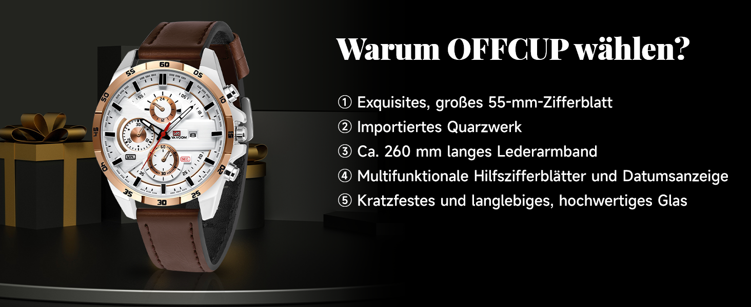 Годинник чоловічий OFF-CUP з датою, кварцовий хронограф, коричневий ремінець з натуральної шкіри. Елегантний аксесуар для чоловіків, casual та business стилю. Прекрасний подарунок.