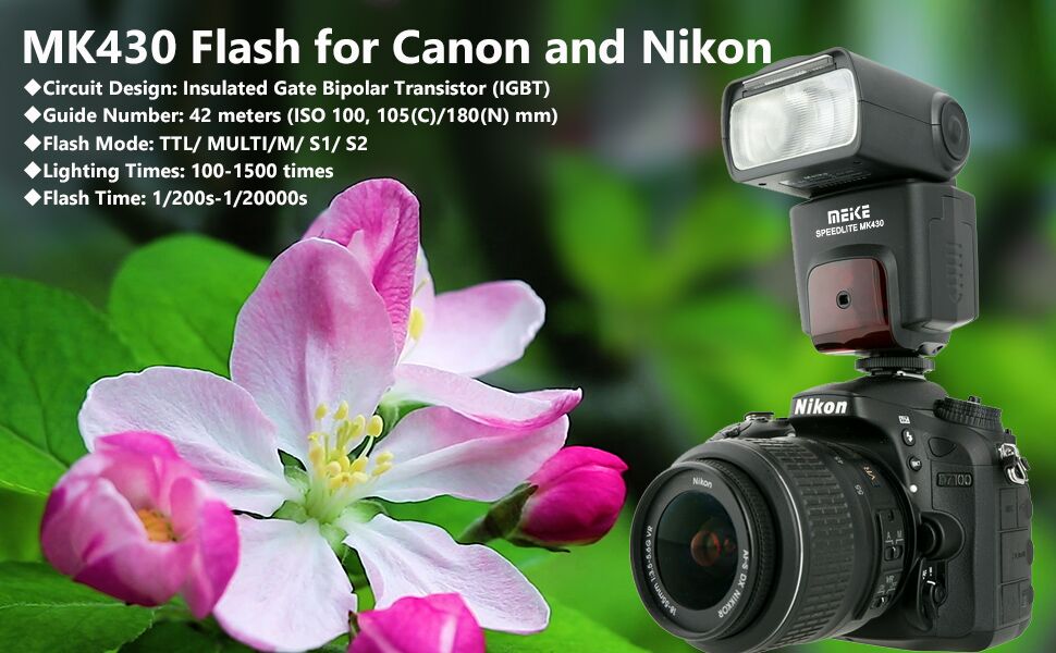 Спалах Meike MK430 TTL для Nikon: сумісний з D7100, D5300, D5200, D3500, D3100, D600, D800, D3200, D90, D80, D300, D7500, D780 та інші моделі