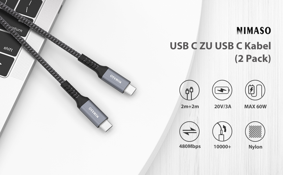 Кабель USB-C Nimaso [2 шт., 2м], 20V/3A/60W, сумісний з Samsung Galaxy, Google Pixel, MacBook, iPad, iPhone (сірий)