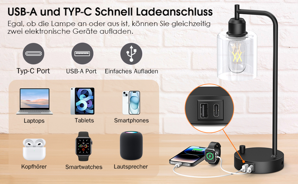 Настільна лампа 2 шт. з USB зарядкою (A+C), LED, тканинний абажур, регулювання кольору, для спальні, вітальні, дитячої, офісу (індустріальний стиль)