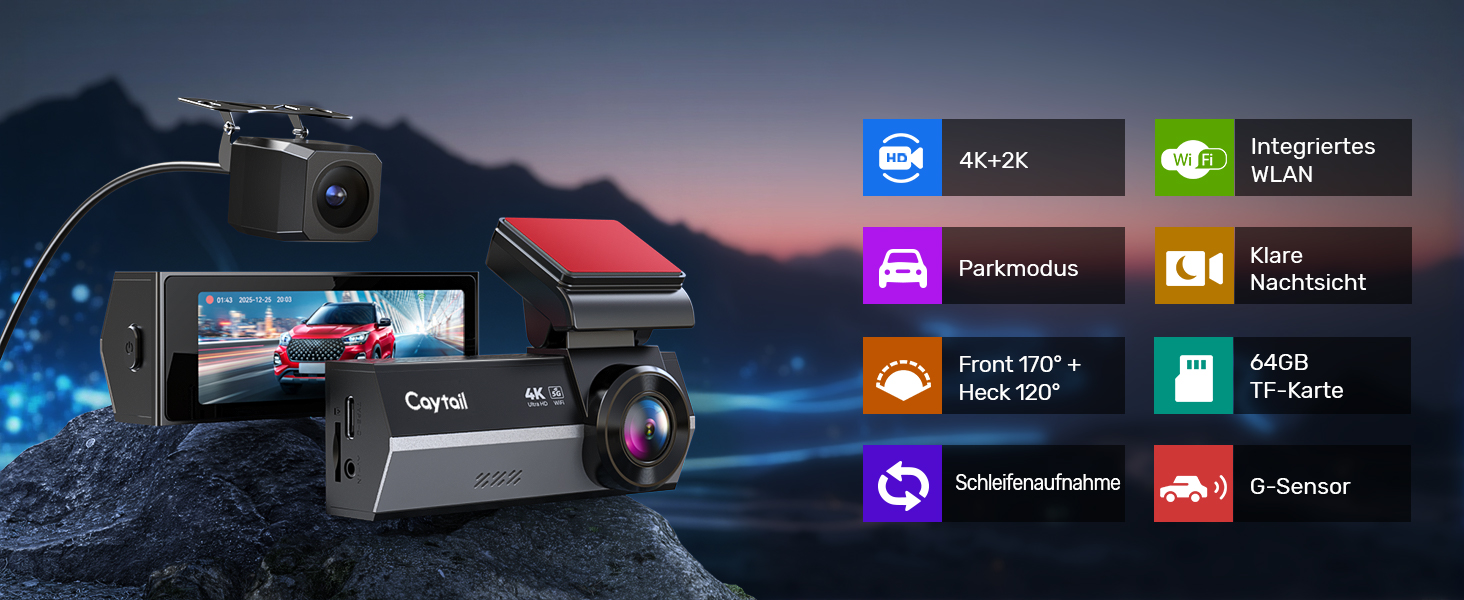 Автомобільний відеореєстратор 4K+2K з WiFi 5GHz, передня та задня камери, 64GB карта пам'яті, кут 170°, нічний режим WDR, дисплей 3.2