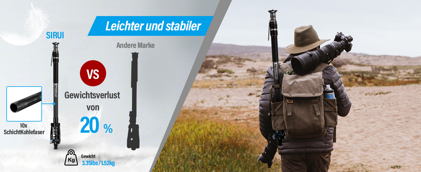 Штатив-монопод SIRUI SVM-165 з вуглецевого волокна | 165 см, професійний, 3-в-1, вантажопідйомність 10 кг, швидка заміна, для DSLR та відео