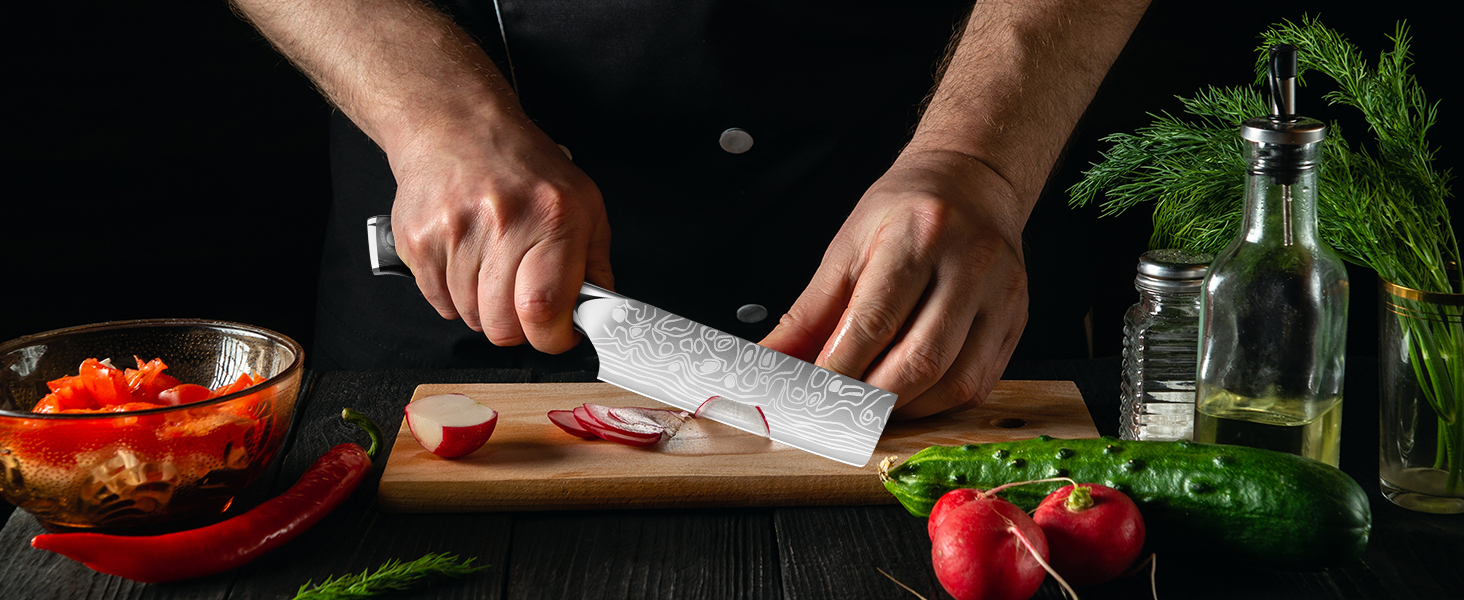 Набір японських ножів MOSFiATA: Накірі 7 та 5,5 дюймів (EN.4116), ніж для приготування їжі, кухонний ніж, ніж для овочів з піхвою, подарункова упаковка та серветка