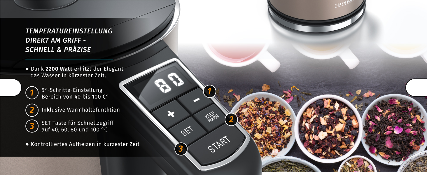 Arendo - Stainless Steel Kettle with Temperature Setting 40-100 Degrees in 5 Degree Increments - Double-Walled Design - Model ELEGANT - 1.5 Liter - 2200 W - Tea Kettle with Temperature Display - GS - Black (E: Bronzo)