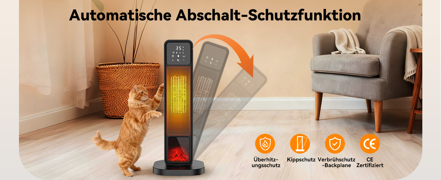 Ефективний енергозберігаючий обігрівач, 1500W PTC кераміка, 34 dB, термостат, таймер 12 год, захист від перегріву та перекидання, з пульт дистанційного керування (матовий чорний)