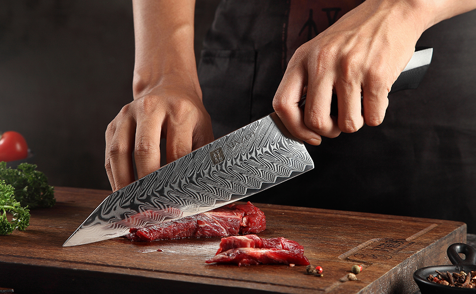 XINZUO ніж кухарський Дамаск 21.5см, Kiritsuke Gyuto, професійний, сталь G10, магнітний чохол, серія Feng