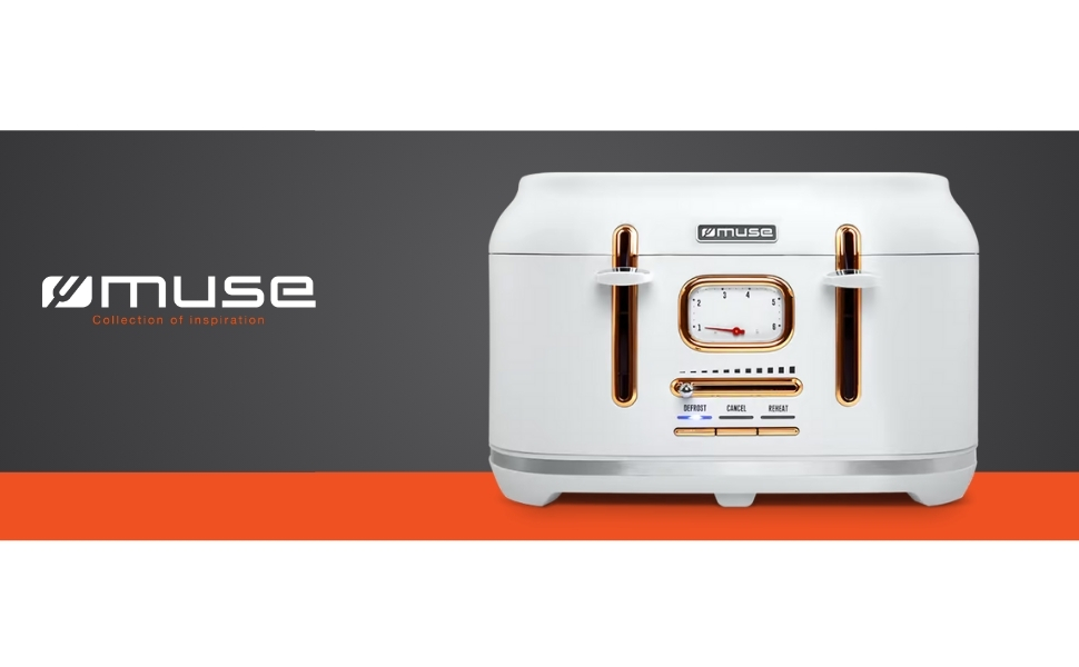 Тостер Muse MS-131 BC з нержавіючої сталі, 4-х місний, ретро дизайн, 6 рівнів підсмажування, з підсвічуванням, з лотком для крихт (білий)