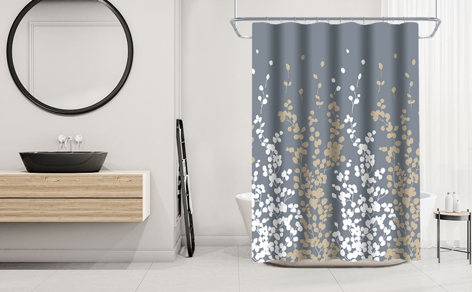 Шторка для душу 180x200 см біла, антигрибкова, з отворами, квітковий принт, водонепроникна, для ванни, миється (Golden)