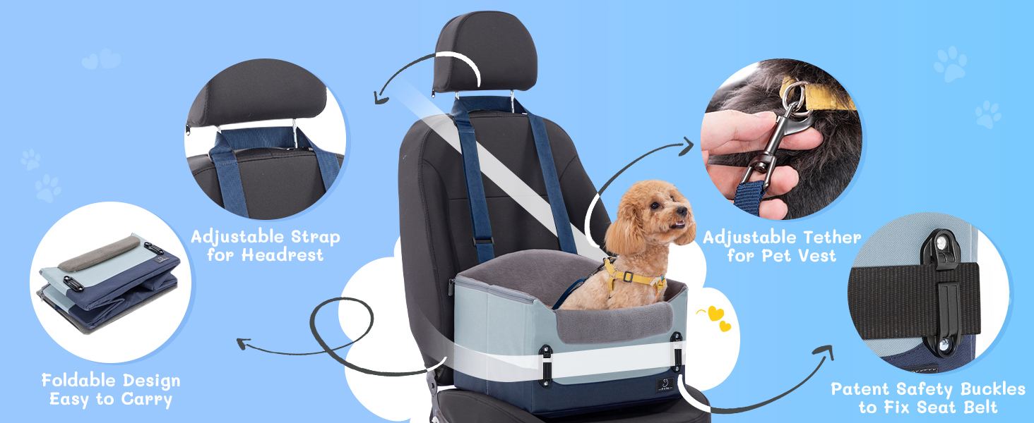 Автокрісло для собак, автокрісло для маленьких собак з ременями, підвищення для собак, складне, блакитне