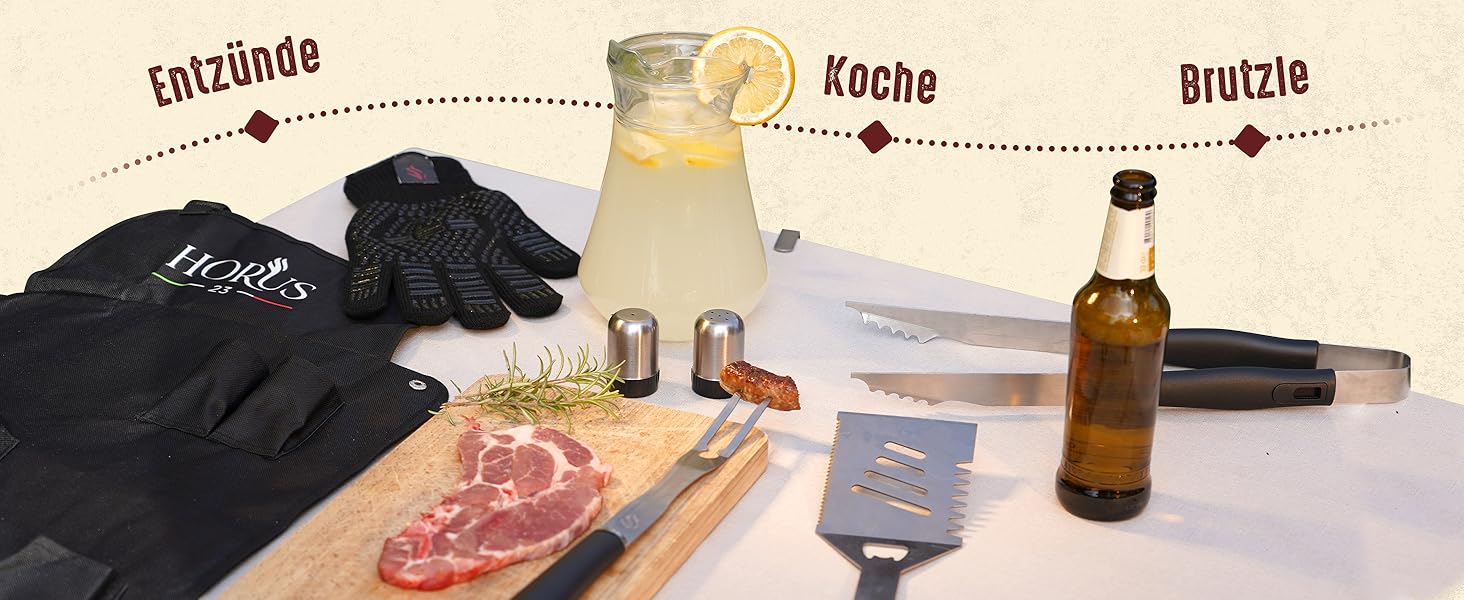 HORUS 23 Набір гриля з аксесуарами з нержавіючої сталі: щитківка, рукавиці для захисту від тепла, килимок для гриля - подарунок для чоловіків