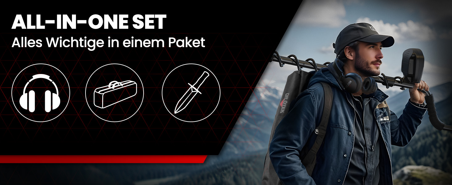 Металодетектор DR.ÖTEK Profi Set: легкий, для дітей та дорослих, з Pinpoint, пам'яттю, вологостійкий, 5 режимів, висока точність. Комплект з лопаткою