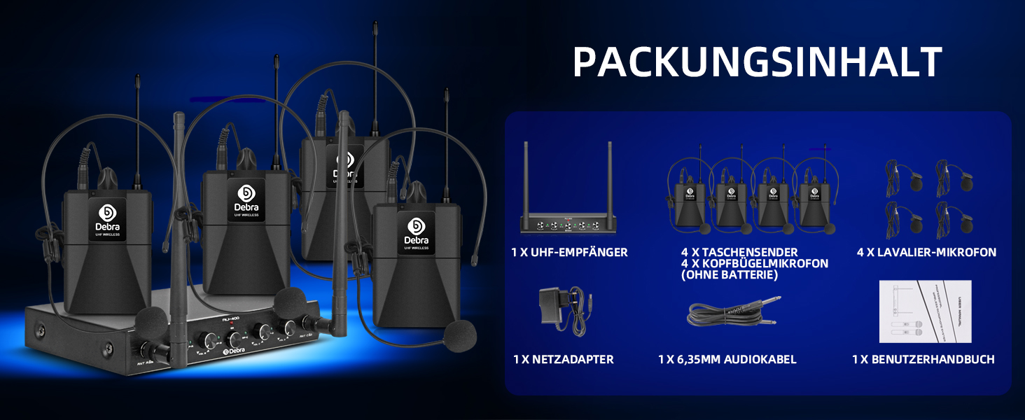 Debra 4-канальний UHF мікрофонний комплект, AU400: ручний, нагрудний, наголовний мікрофон для церкви, караоке, співу (2 ручні + 2 нагрудні мікрофони)