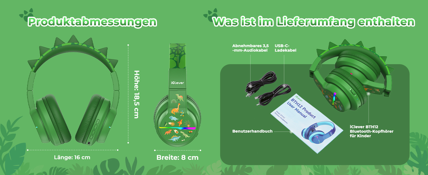 iClever Бездротові навушники для дітей з LED-підсвічуванням, Over-Ear, Bluetooth 5.2, мікрофон, BTH12 (Хвилинка)