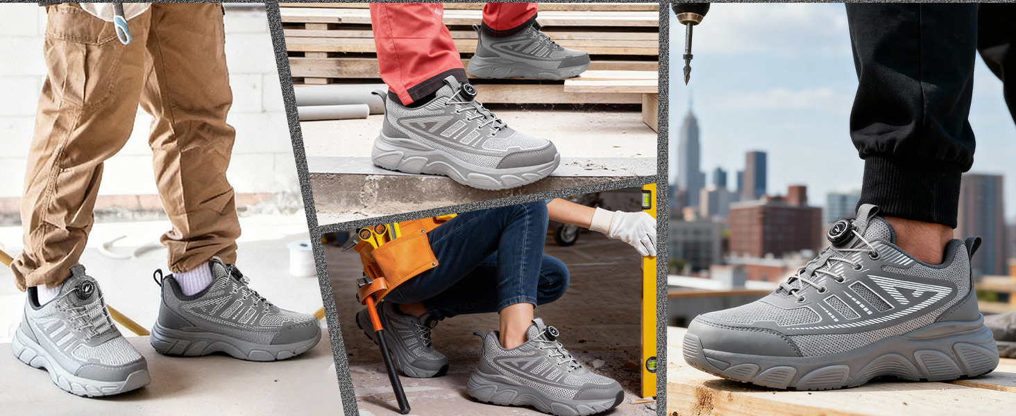 Чоловічі робочі черевики: захисні черевики зі сталевим підноском, з пряжкою та шнурівкою, неслизькі, легкі (44 EU, сірий)
