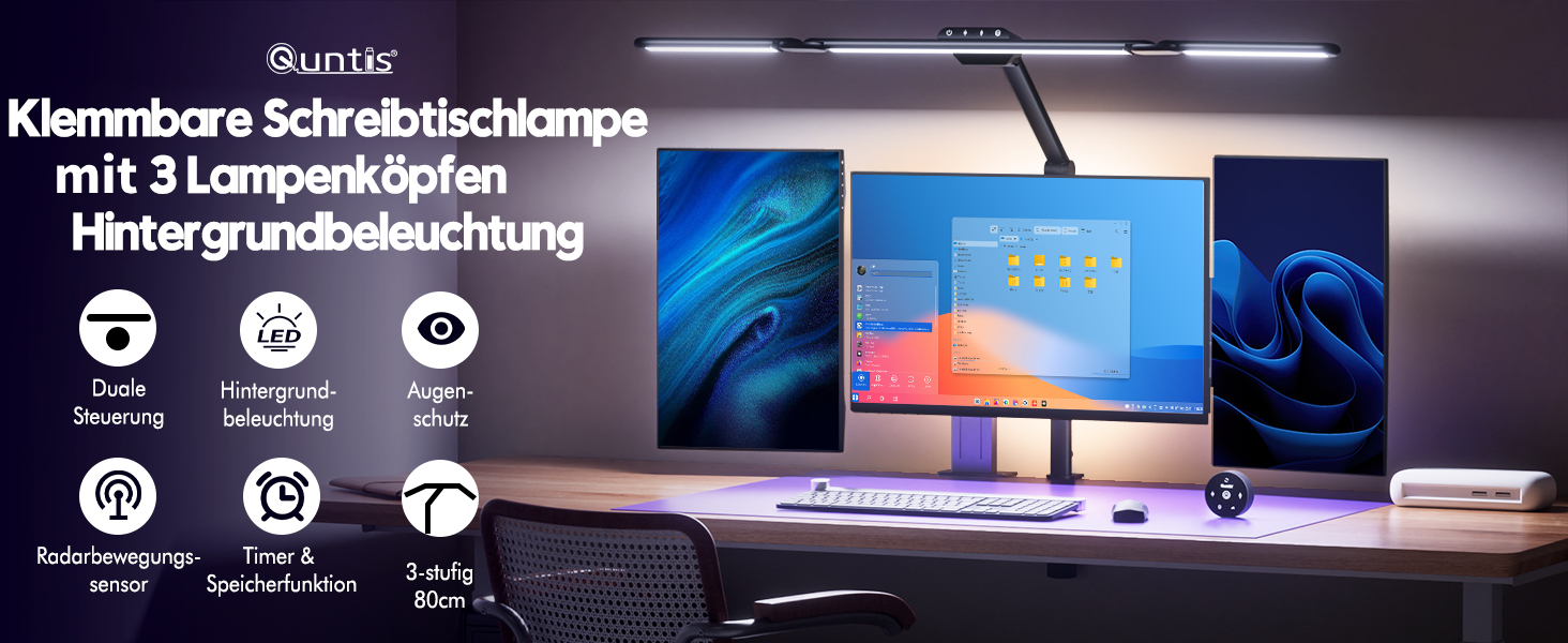 Настільна LED лампа Quntis 82.5 см з кліпсою, датчиком руху, пультом, сенсорним управлінням, 3 лампи, 182 LED, захист очей, диммер, для офісу, дому, ПК
