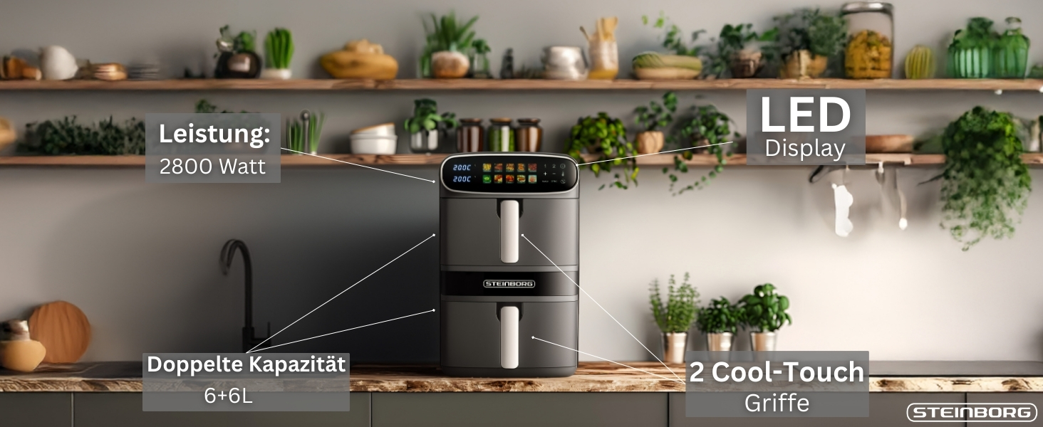 Фритюрниця Steinborg® Heißluft XXL 12 літрів з подвійною камерою, 6+6 літрів, для смаження, запікання, сушіння та грилю без олії
