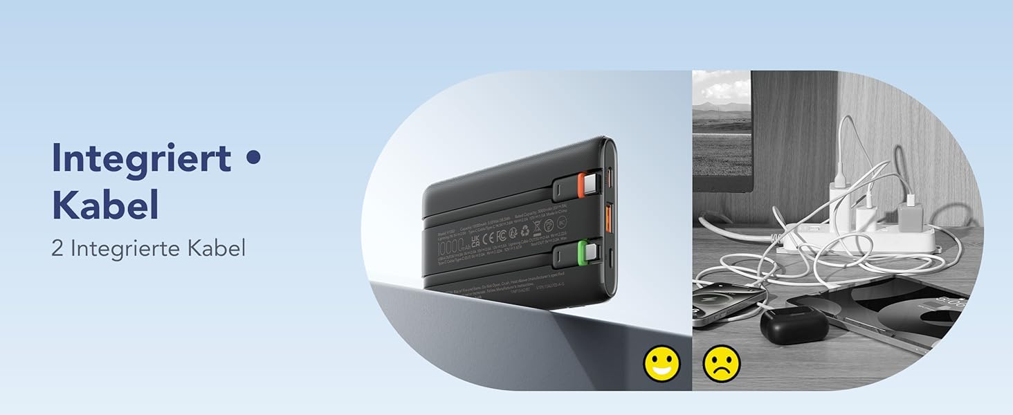 Повербанк VEGER 10000mAh 22.5W з вбудованим кабелем USB-C, швидка зарядка, чорний