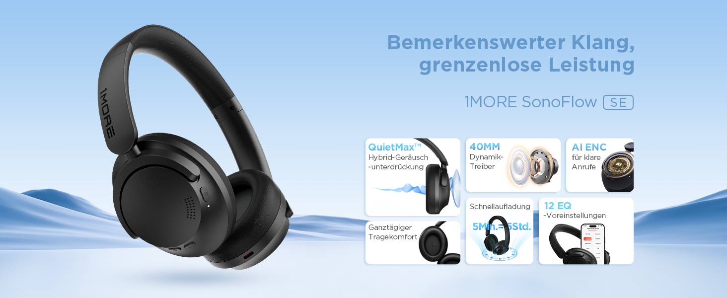 1MORE SonoFlow SE навушники Over-Ear Bluetooth з активним шумозаглушенням, бездротові, 70 годин відтворення, швидка зарядка, ENC мікрофон, глибокий бас, EQ пресети