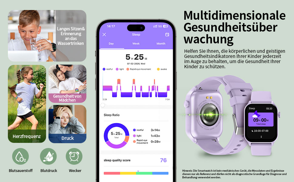 Дитячий розумний годинник Kinderuhr: фітнес-трекер з пульсометром, лічильником кроків, будильником, IP68, водонепроникний, для хлопчиків та дівчаток, рожевий