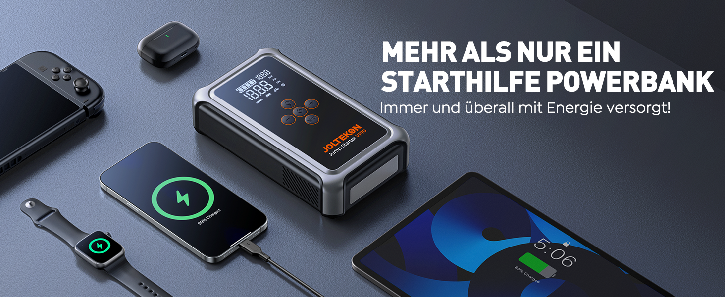 Powerbank Starthilfe 5000A з компресором 150PSI для автомобілів, 12V, бензин/дизель (10.0L), LED, USB-C