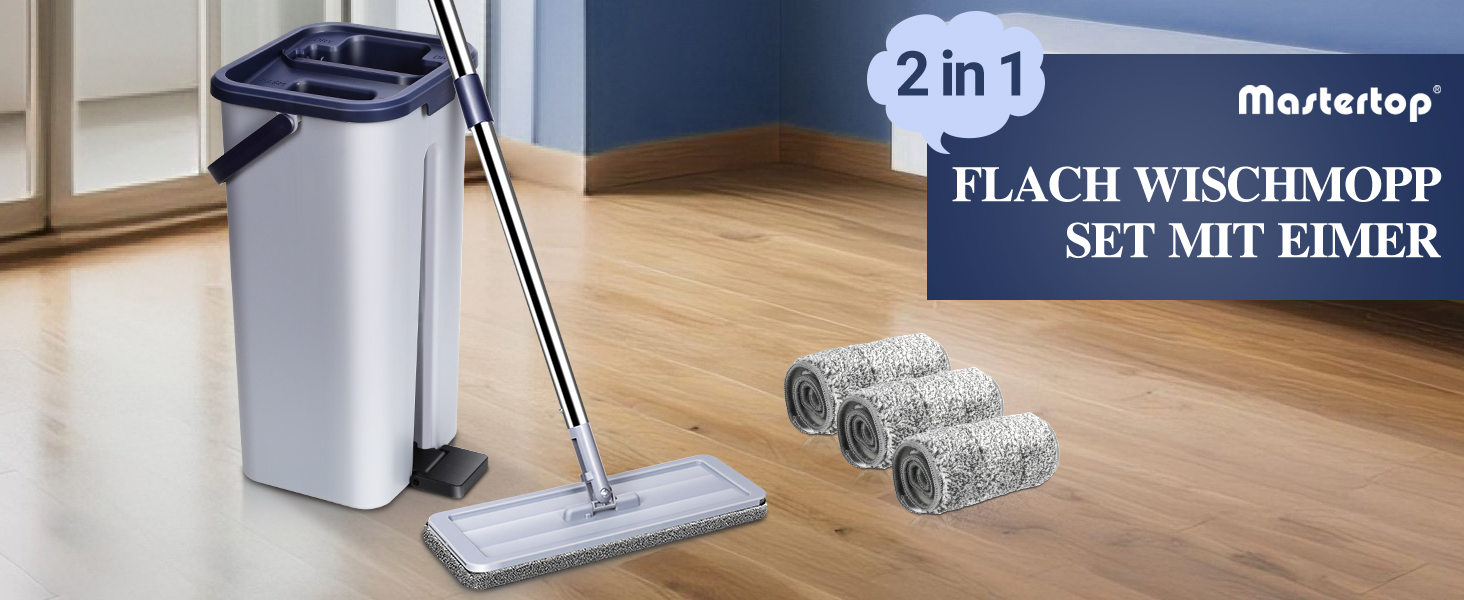 Набір для миття підлоги MASTERTOP з відром, моп з нержавіючою ручкою та 3 насадками, 2 в 1 набір відр та мопа, плоский моп з функцією віджиму для ламінату, плитки, твердої підлоги (Бежевий) (Набір для миття підлоги з відром: Сірий+Блакитний)