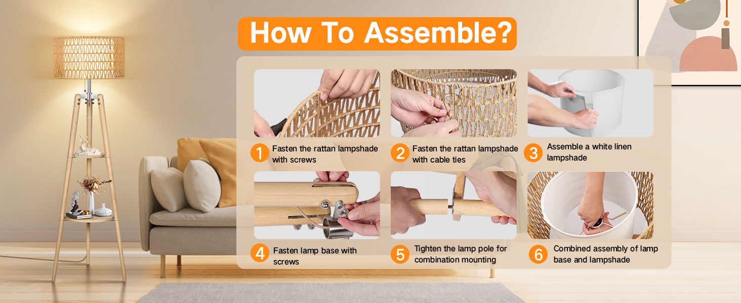 LED торшер Outon з трьома ніжками, регульоване освітлення, полиця, пульт, 4 режими кольору, таймер, 2 плафона, для вітальні/спальні (дерев'яний)