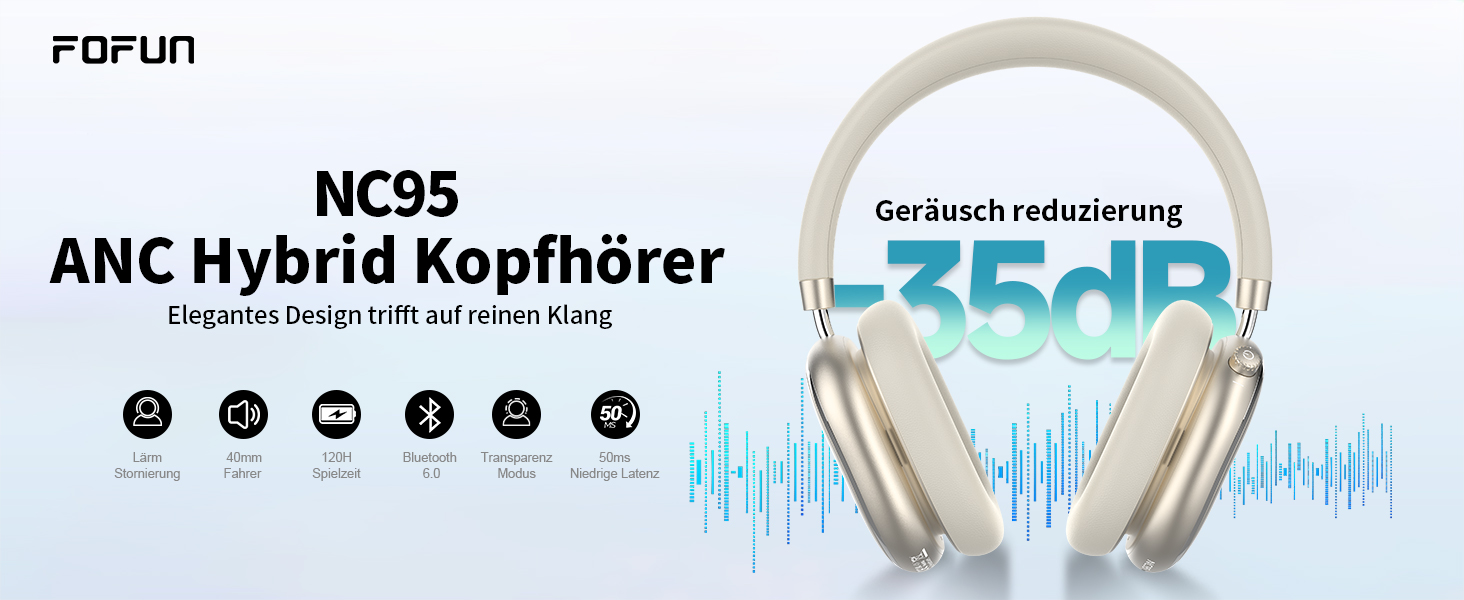 Навушники бездротові Bluetooth 6.0 NC95 з активним шумозаглушенням, поворотним регулятором, 120+ годин роботи, EQ налаштування через додаток, для подорожей та спорту (Зоряне світло)