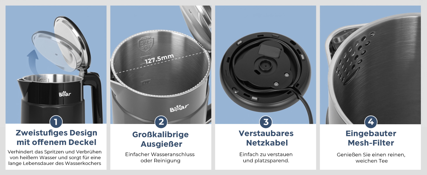 Електричний чайник Bear 1.7L з регулюванням температури, нержавіюча сталь, захист від сухого кип'яття, BPA Free