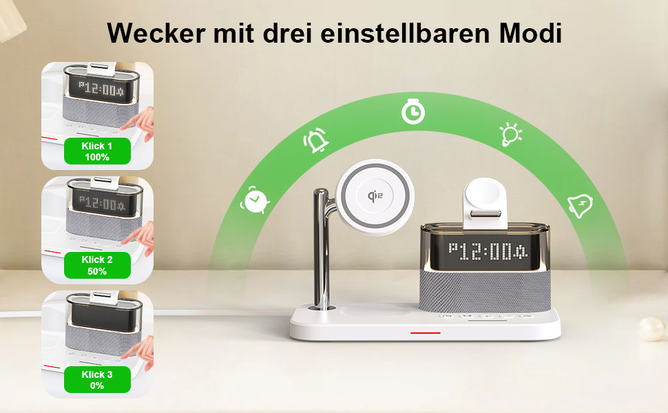 5-в-1 Бездротова зарядна станція з годинником та нічником для iPhone 17/16/15/14/13/12 Pro Max, Apple Watch, AirPods - 33W адаптер, білий