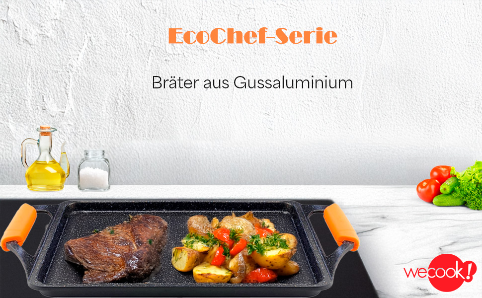 Гриль-пластина WECOOK! Ecochef Titan 37x25 см, алюмінієва, з антипригарним покриттям Quantanium, для індукції та всіх типів плит, знімні силіконові ручки, чорна
