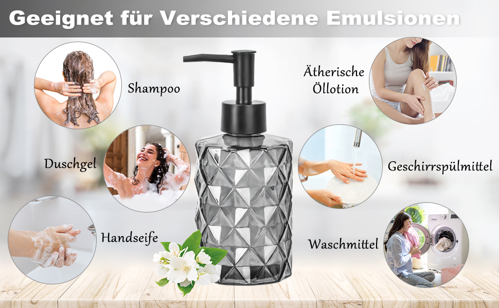 Дозатор мила чорний, скляний дозатор для ванної кімнати, наповнюваний дозатор з нержавіючою сталею, 2 підставки, 330 мл, вінтажний дизайн