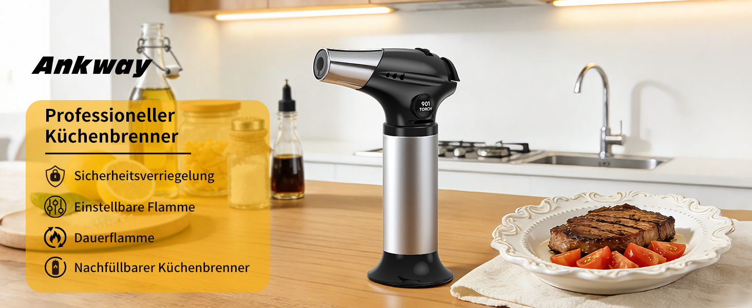 Кулінарний пальник Ankway для карамелізації та фламбування, газовий пальник для крем-брюле з замком безпеки, регульований, чорний (без бутану)