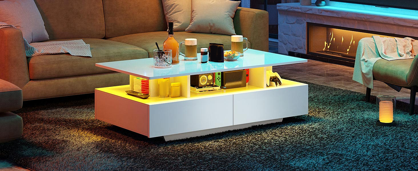 Журнальний стіл YITAHOME білий, глянець, з LED-підсвіткою 16 кольорів, сучасний стіл для вітальні з відкритою полицею і 4 висувними шухлядами, 90x55x41,1 см