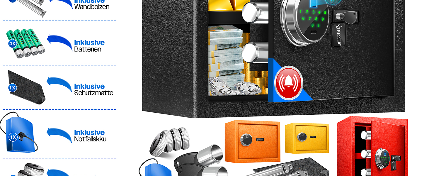 Електронний сейф KESSER® з відбитком пальця та ключем L | Вбудований акумулятор | 3x подвійний замок | Настінний/підлоговий сейф | Чорний