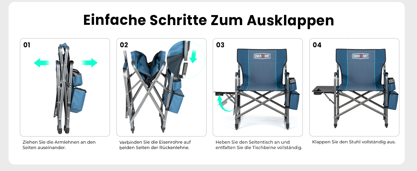 Кемпінговий стілець OVERMONT складний з бічним столиком та охолоджувальною сумкою, до 180 кг - блакитно-сірий