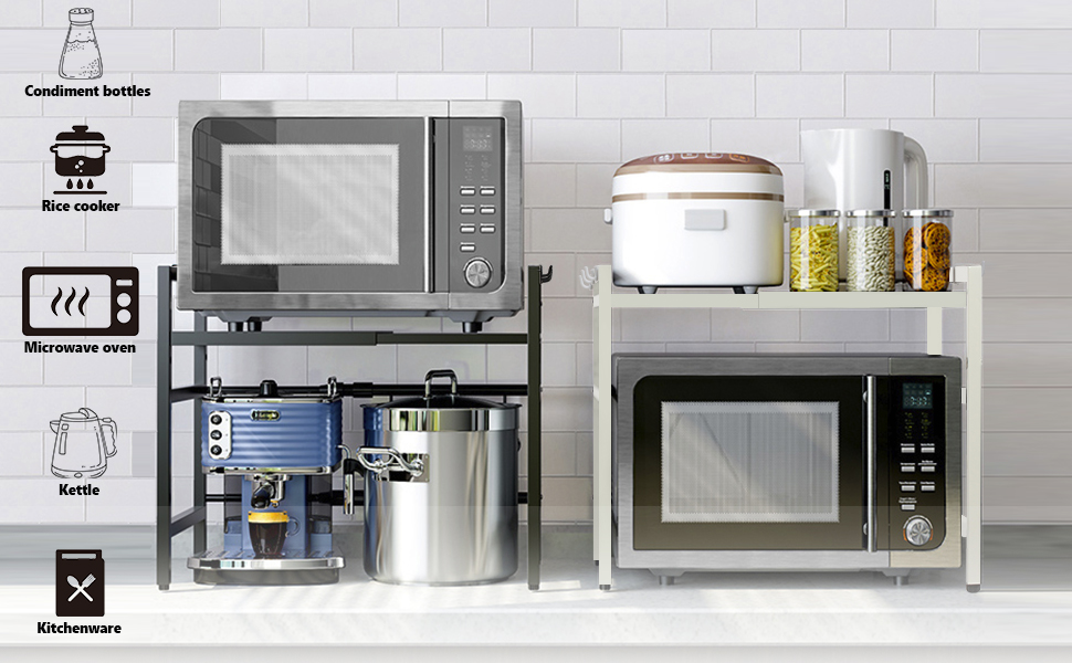 Підставка для мікрохвильової печі Todeco, 2-ярусна, чорна, з 6 гачками, регульована (36-60) x 36 x 44 см, до 25 кг