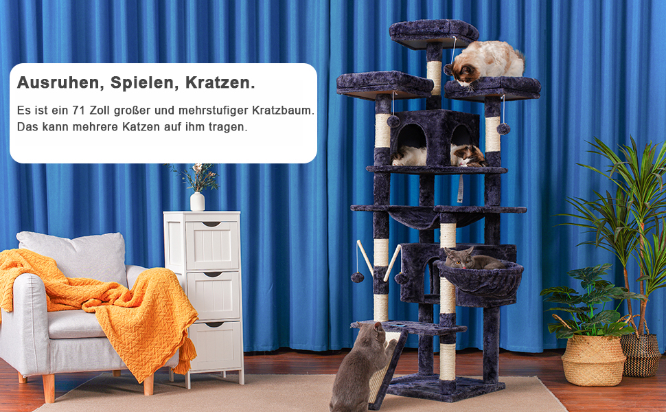 Великий котячий будиночок Kratzbaum, 180 см XXL, стабільний з мотузкою з сизалю, велика царапальня, кошик, 3 платформи та 2 будиночки, сірий, EMPJ034G