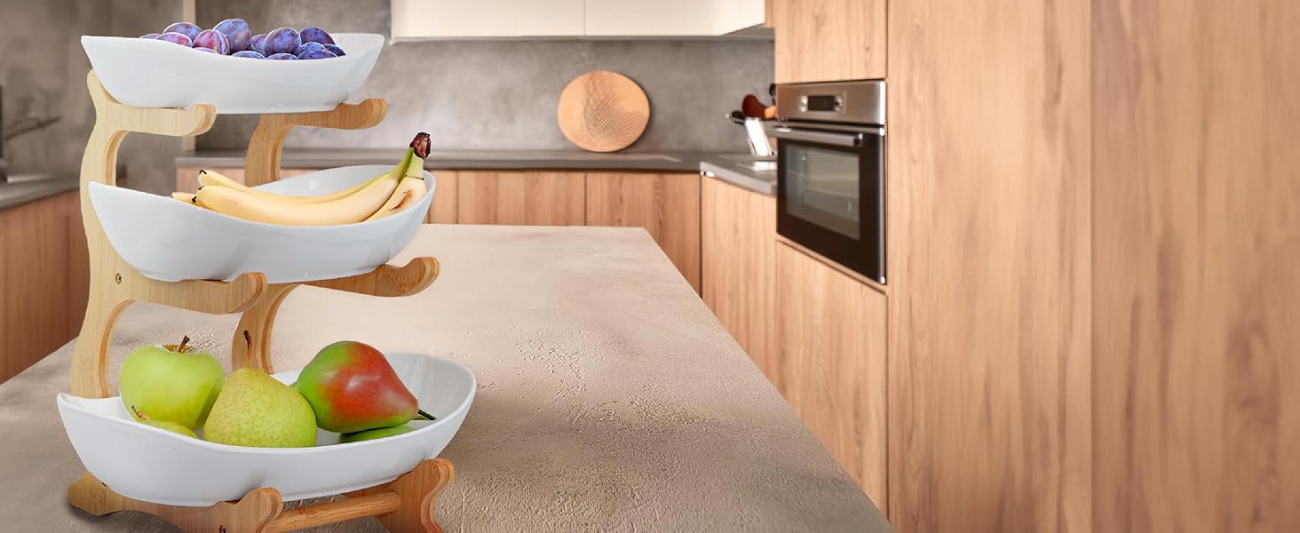 Dimono® Етажерка для сервірування: 3-ярусна етажерка для подачі їжі з керамічних мисок та бамбукового підставки. Ідеально для десертів, фруктів, овочів та солодощів.