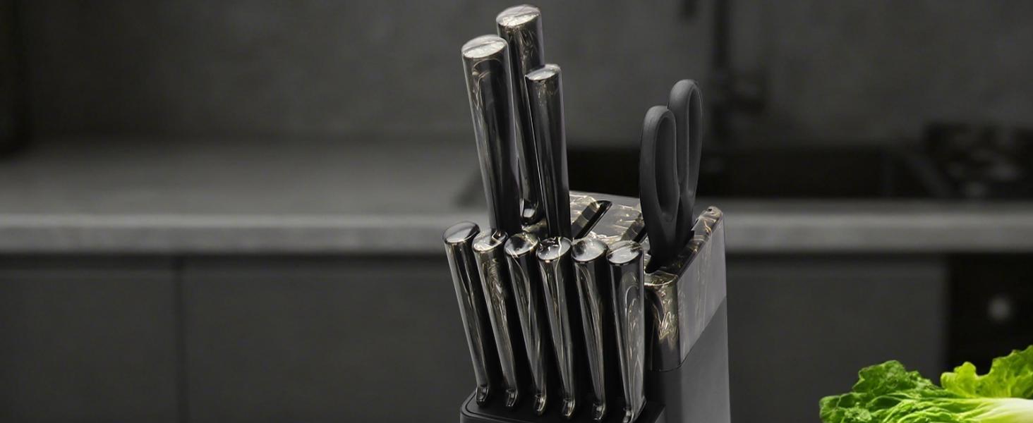 Набір кухонних ножів Messerblock з 16 предметів, з дощечкою, захистом пальців, точилкою та кухонними ножицями, професійний набір для дому (зелений, чорний)