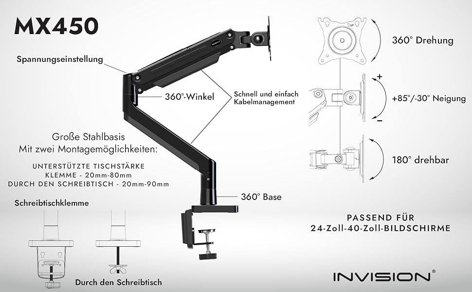 Кріплення для монітора Invision MX450: регульований кронштейн для моніторів 24'-40' VESA 75/100mm, 2-15 кг
