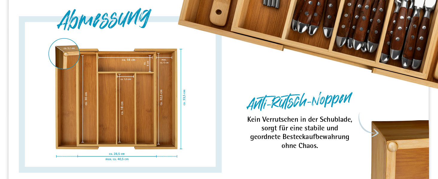Органайзер для столових приборів Gräwe з бамбука для кухонних шухляд, змінний, розсувний (36.5-56.5 см)