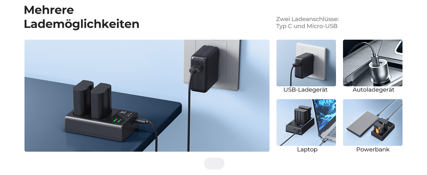 Зарядний пристрій для акумулятора Nikon EN-EL15/EN-EL15a/EN-EL15b з подвійним слотом K&F CONCEPT, Micro USB та Type-C, швидка зарядка для Nikon D7000, D7100, D7200, D750, D850, D810, D800, D800E, D610, D600, D500