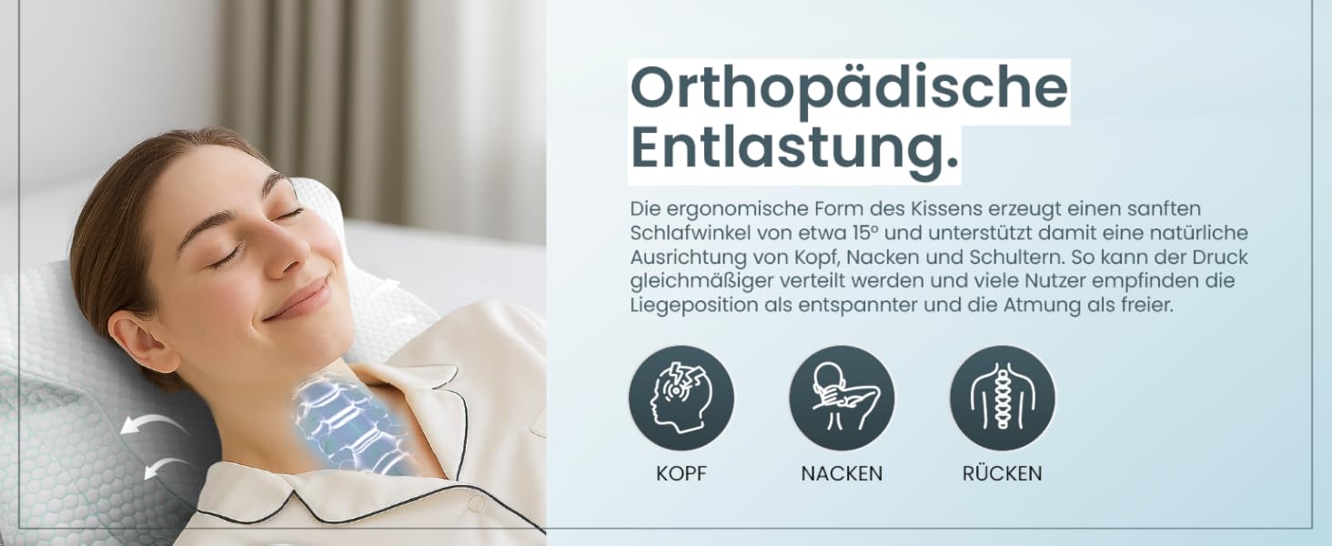 Ортопедична подушка для шиї при болях у шиї з високоякісної піни з пам'яті - Ергономічна подушка для шиї - Подушка для тих, хто спить на боці, на спині та на животі - знімний чохол, придатний для прання при 40°C (61 x 40 x 12, блакитна)