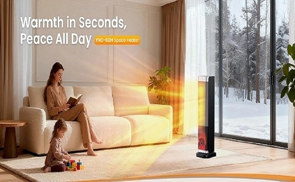 Електрична теплова гармата з пультом керування 2000W, 23 дюйми, 70° осциляція, 3D-полум'я, LED-дисплей, ECO-режим, таймер 12 годин - для дому, колір сріблястий